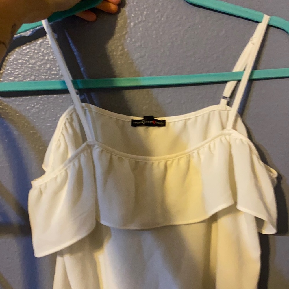 White off the shoulder tank, sheer material